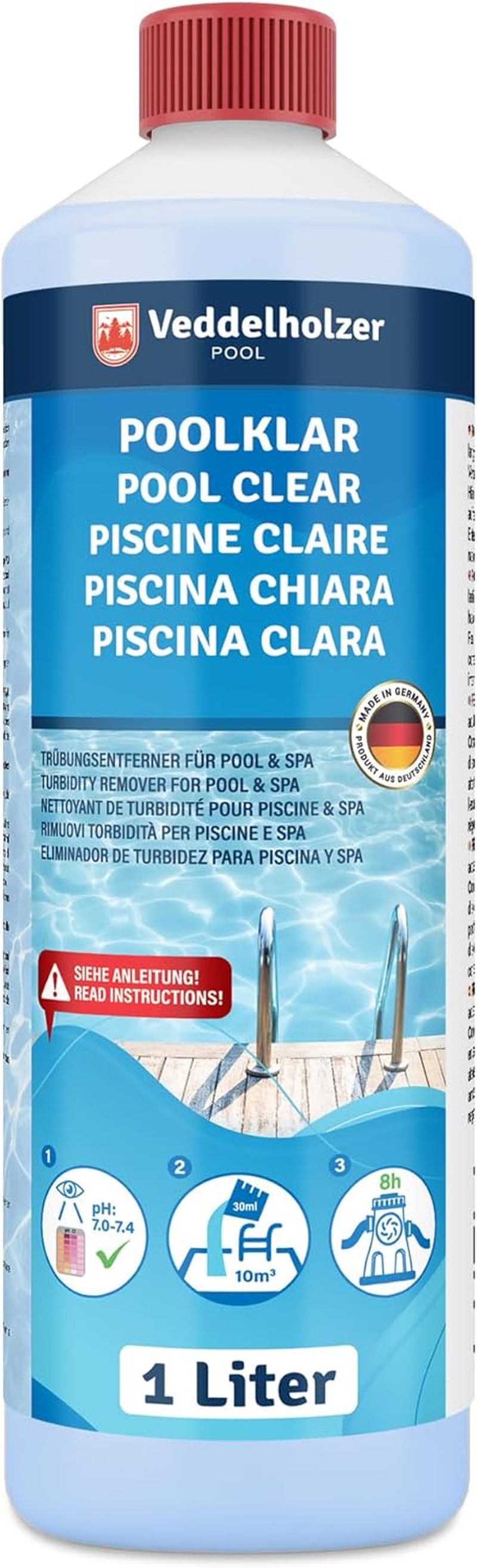 Veddelholzer Poolklar 0,5 L – Für Kristallklares Wasser in Pool, Whirlpool, Planschbecken. Wirksam Gegen Trübes Wasser, Geeignet Für Alle Filterarten Und Systeme
