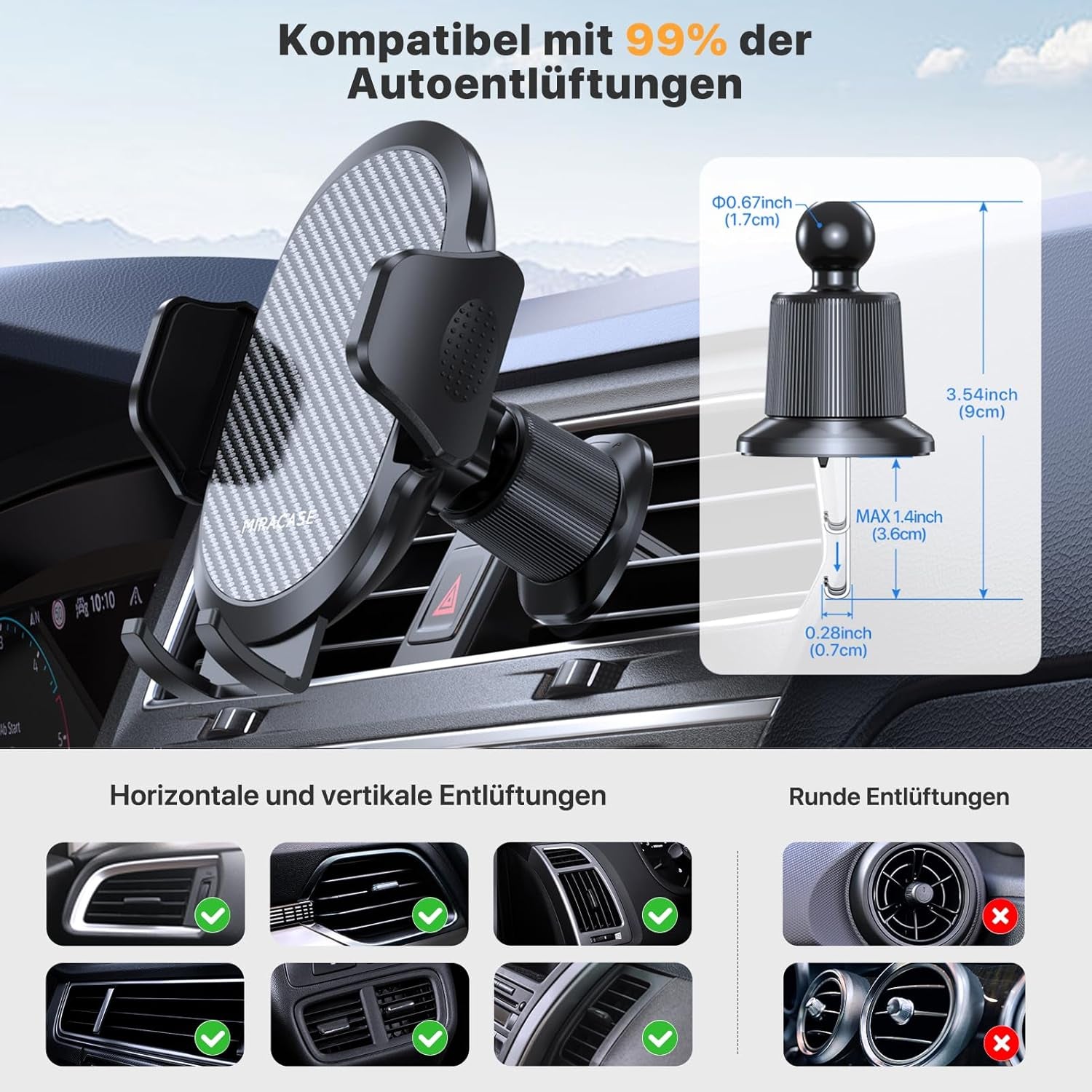 Miracase Handyhalterung Auto [Stabilere Doppelhaken] Handyhalter Für Autos Lüftung Universale, Halterung Für Navigationsgeräte，360 Grad Vent KFZ Halterung Für Iphone Galaxy Smartphone