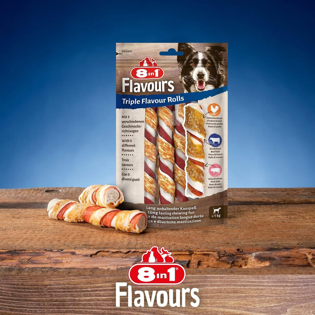 8In1 Triple Flavour Rolls Kaustangen Für Hunde - Kausnacks Mit Extra Viel Fleisch, 113G Beutel (3 Stück)