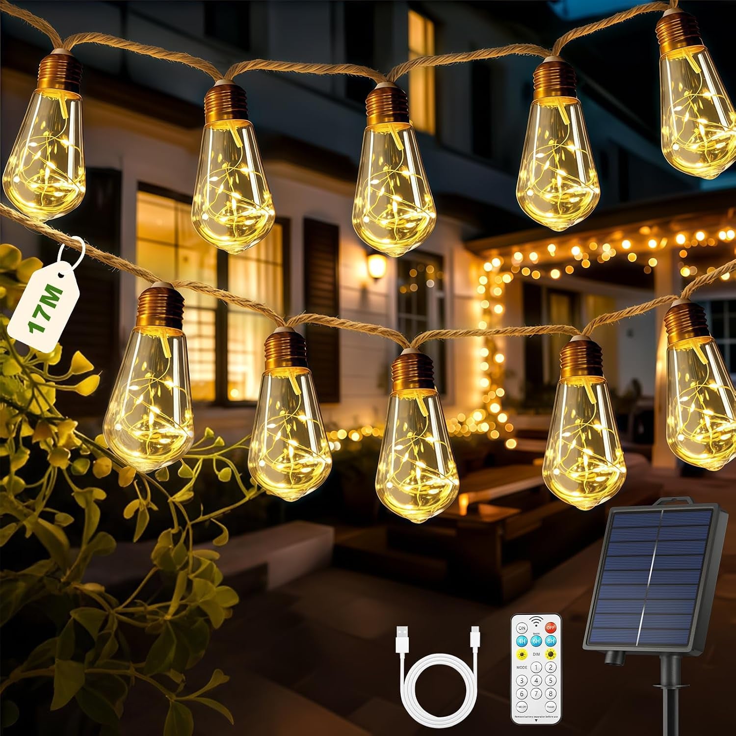 Solar Lichterkette Aussen Mit 16 S17 Glühbirnen, 10M Lichterkette Außen Wetterfest Warmweiß 8 Modi Memory-Funktion Timer Vintage Hanfseil Solarlichterketten Für Garten Terasse Balkon Hochzeit Party