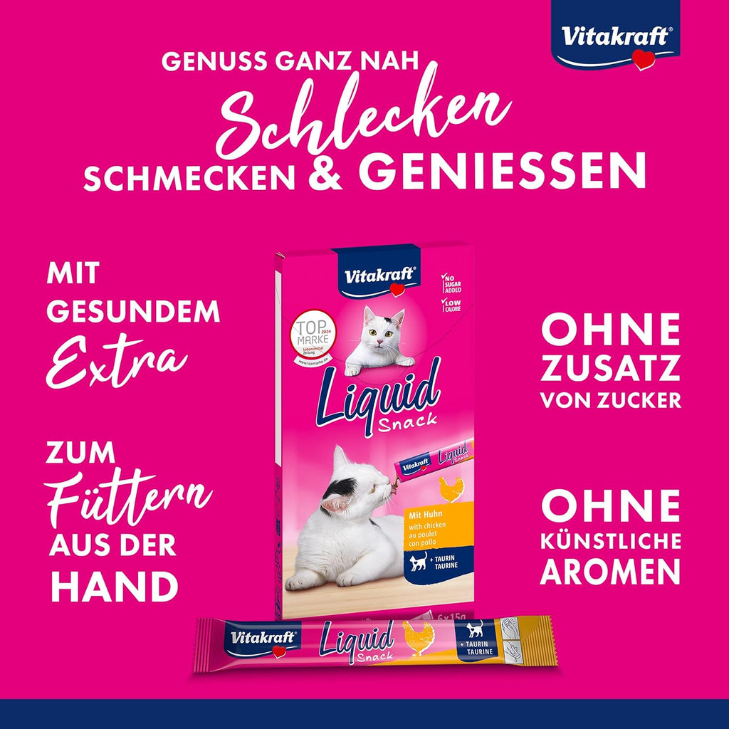 Vitakraft Liquid Snack, Katzen Leckerli, Katzensnack Cremig, Mit Huhn Und Taurin, in Einzelnen Sachets, Unterstützt Die Augen Und Das Herz (1 Paket Mit 6X 15G)