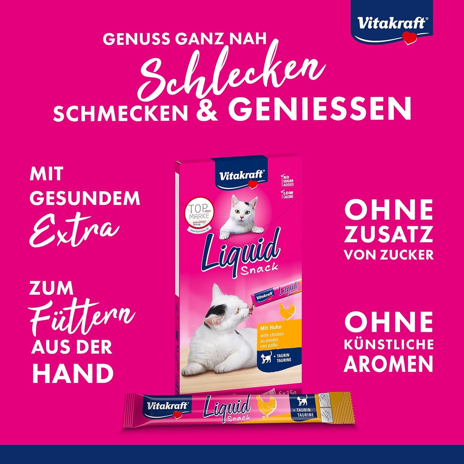 Vitakraft Liquid Snack, Katzen Leckerli, Katzensnack Cremig, Mit Huhn Und Taurin, in Einzelnen Sachets, Unterstützt Die Augen Und Das Herz (1 Paket Mit 6X 15G)