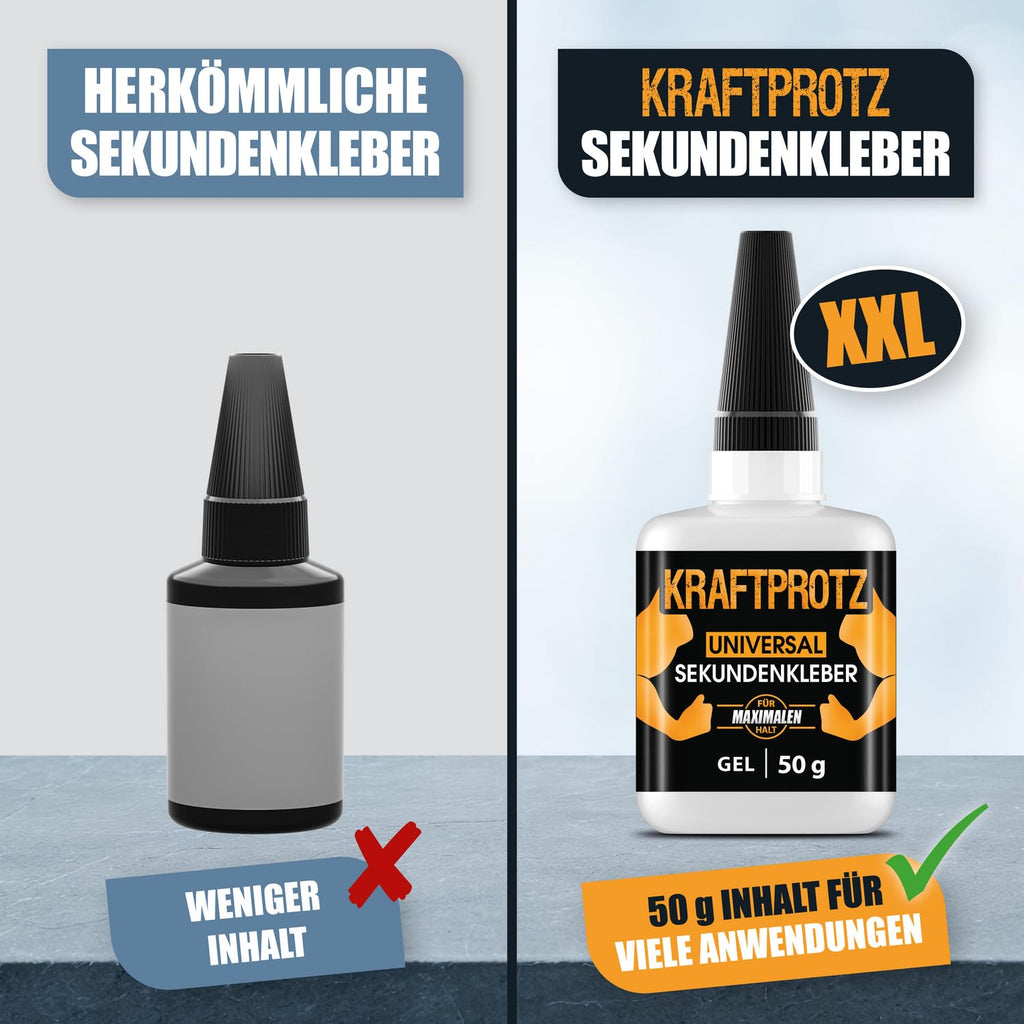 Sekundenkleber Extra Stark Gel 50 G – XXL Superkleber Für Holz, Metall, Kunststoff, Glas – Tropffrei, Hitze- & Wasserfest – Für Reparaturen in Haushalt, Werkstatt, Auto, DIY & Modellbau – KRAFTPROTZ