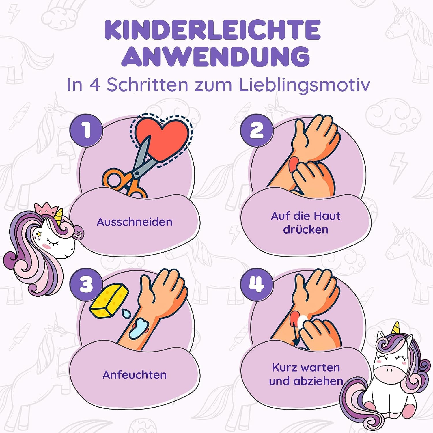 Lila Liebt Dich® 100 Fantastische Einhorn-Tattoos Kinder (6 Unterschiedliche Bögen) - Temporäre Tattoos// Kindertattoos Hautfreundlich & Dermatologisch Getestet // Kinder Tattoo Made in Germany