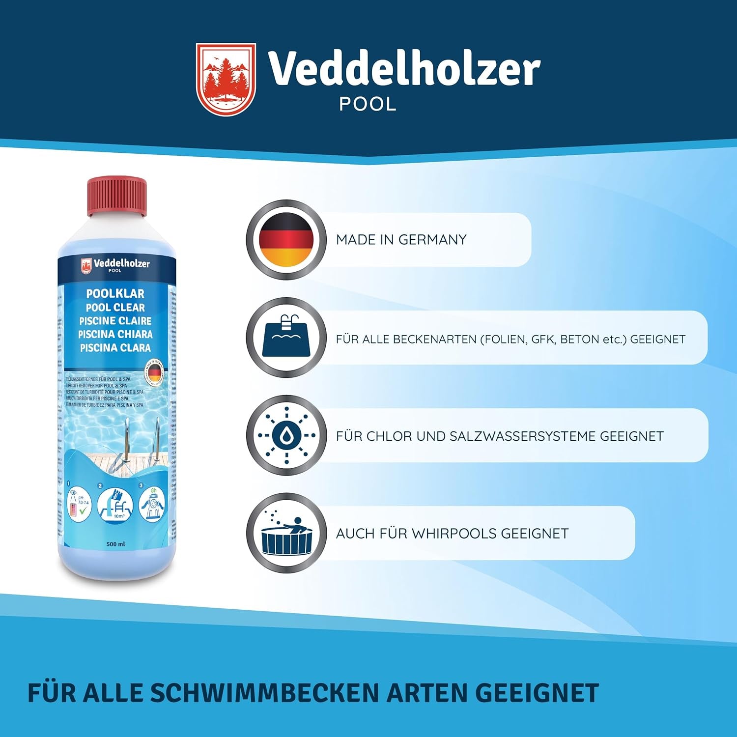 Veddelholzer Poolklar 0,5 L – Für Kristallklares Wasser in Pool, Whirlpool, Planschbecken. Wirksam Gegen Trübes Wasser, Geeignet Für Alle Filterarten Und Systeme