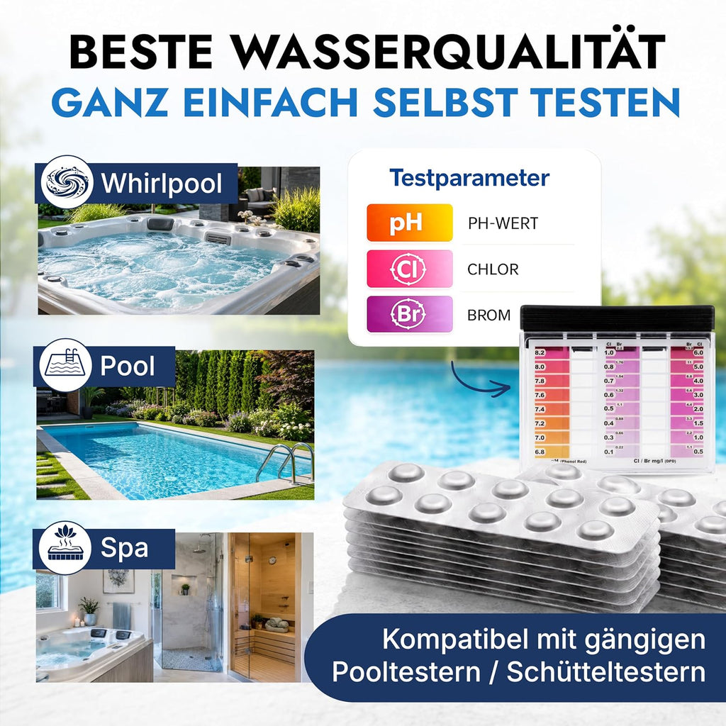 Pooltester Nachfülltabletten 100 Stück | 50X DPD1 Für Freies Chlor & Brom + 50X Phenol Red Für Ph-Wert | Rapid Wassertest Tabletten Für Pool, Whirlpool & Spa | Passend Für Schütteltester