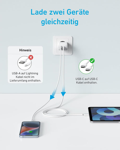 Anker 20W USB C Ladegerät, Ipad Netzteil, Usb-Schnellladenetzteil, Ipad Ladegerät, Kompatibel Mit Iphone 17/16/15 Series (Mit 150Cm USB-C Kabel)
