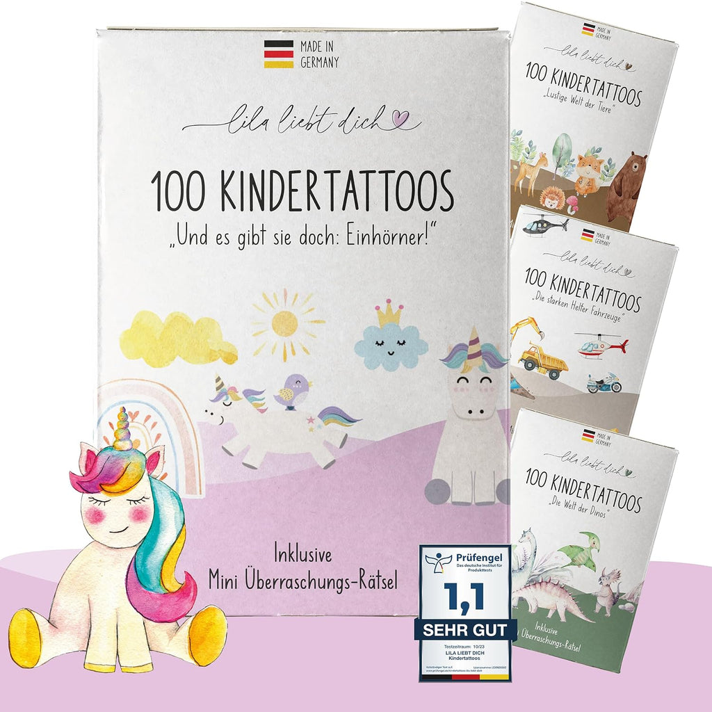 Lila Liebt Dich® 100 Fantastische Einhorn-Tattoos Kinder (6 Unterschiedliche Bögen) - Temporäre Tattoos// Kindertattoos Hautfreundlich & Dermatologisch Getestet // Kinder Tattoo Made in Germany