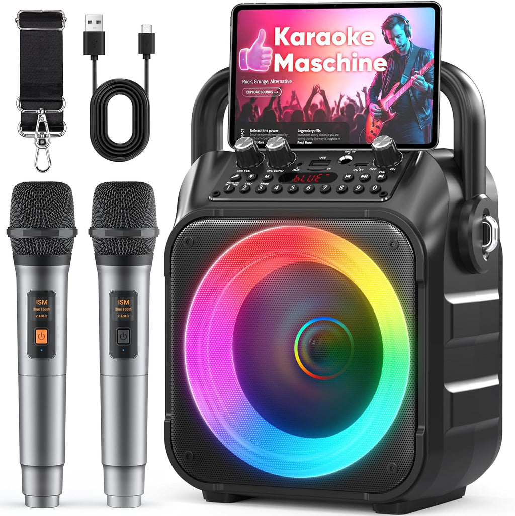 Karaoke Maschine Mit 2 Kabellosen Mikrofonen, [Neueste] Karaoke Anlage Für Erwachsene Und Kinder, Tragbare Karaoke Box Bluetooth Lautsprecher, Tv-Kompatibel, PA Lautsprecher Für Party Und Geburtstag