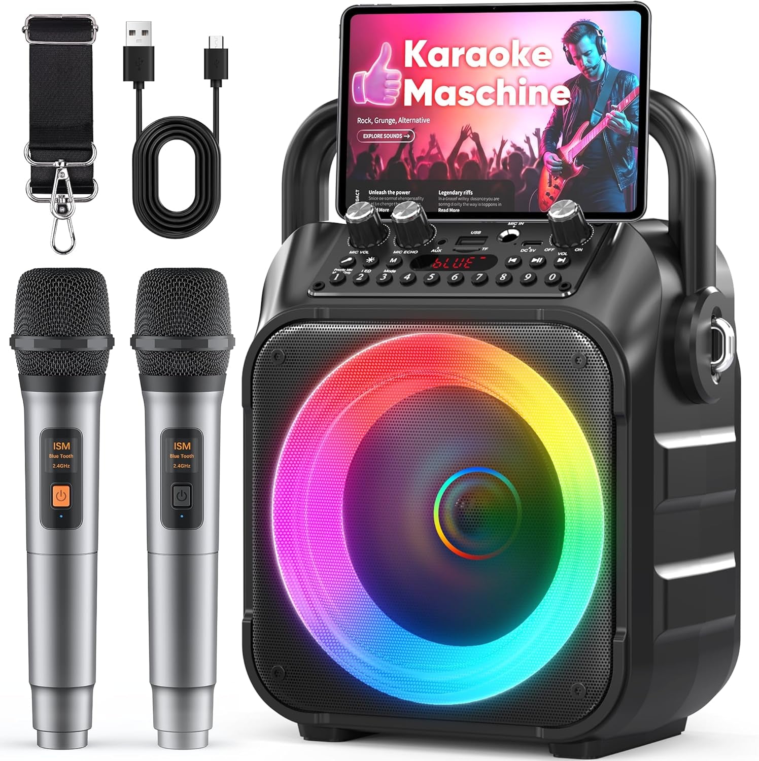 Karaoke Maschine Mit 2 Kabellosen Mikrofonen, [Neueste] Karaoke Anlage Für Erwachsene Und Kinder, Tragbare Karaoke Box Bluetooth Lautsprecher, Tv-Kompatibel, PA Lautsprecher Für Party Und Geburtstag