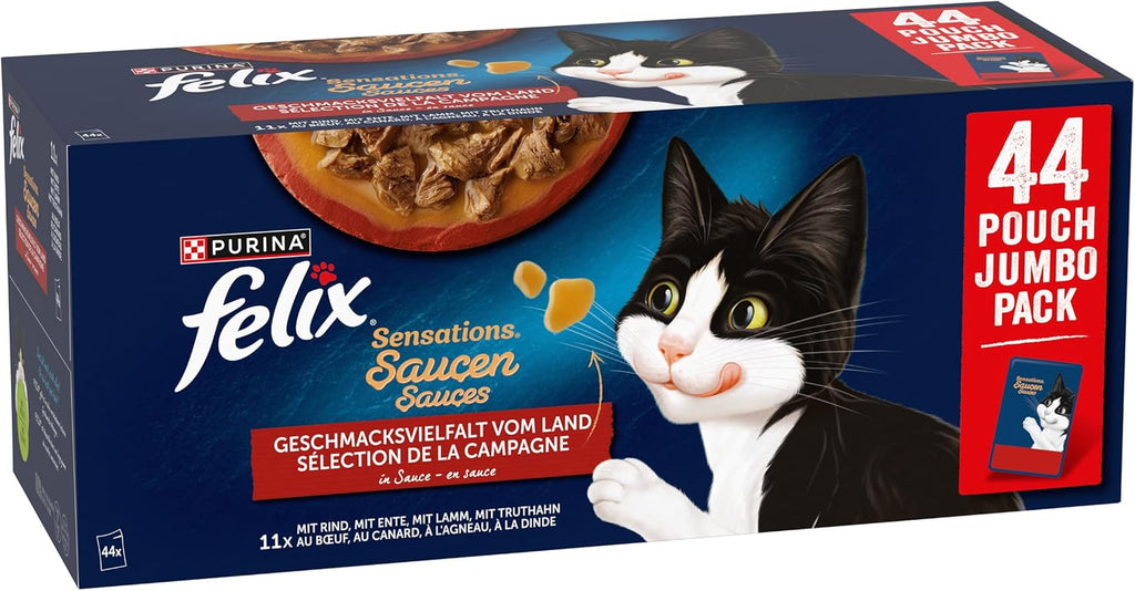 FELIX so Gut Wie Es Aussieht Nassfutter Für Katzen Geschmacksvielfalt Vom Land Vorteilspack, 44 Praktische Portionsbeutel, Zarte Stückchen in Gelee, 4 Leckere Sorten, 100% Vollständige Ernährung