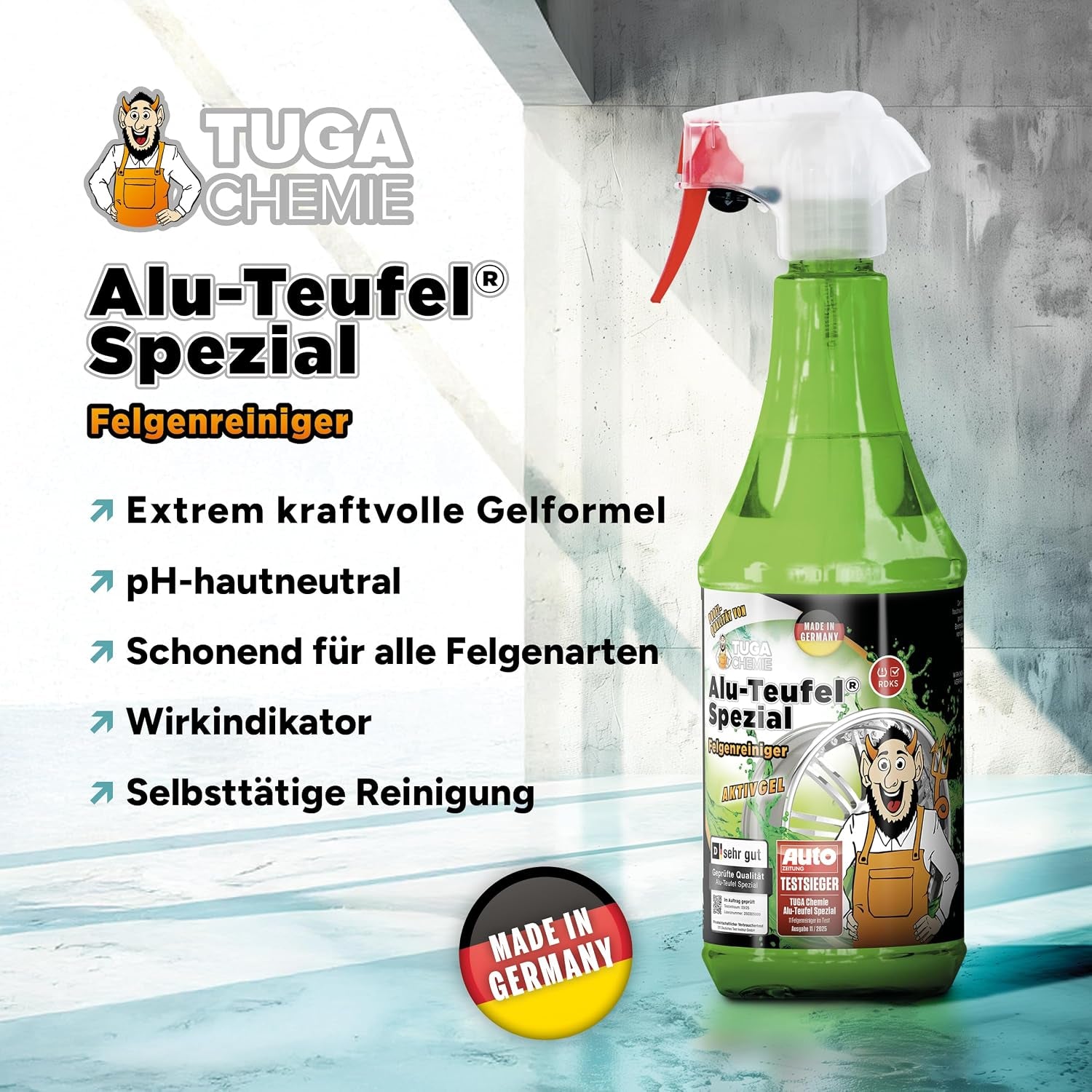 Tuga Chemie Alu-Teufel Spezial Felgenreiniger Grün – Profi Felgenreinigung Von Bremsstaub & Schmutz – Ph-Hautneutral, Materialschonend, Glanzverstärkend – 1 L Flasche – Made in Germany
