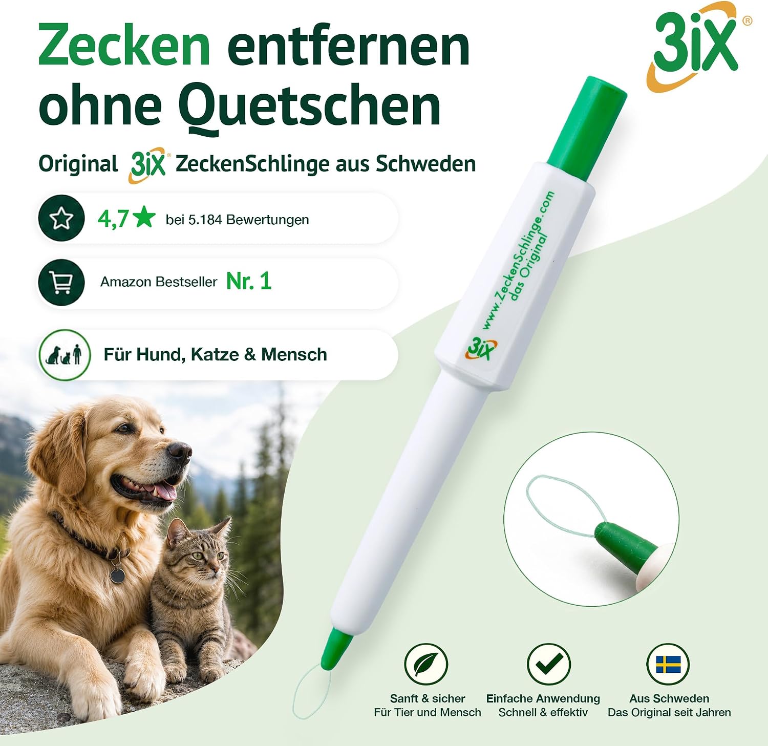 3Ix Zeckenschlinge, Das Original Aus Schweden, Statt Zeckenkarte, Pinzette, Haken, Zeckenmittel - Zeckenentferner Für Mensch, Haustiere Wie Hund, Katze, Hasen Und Mehr
