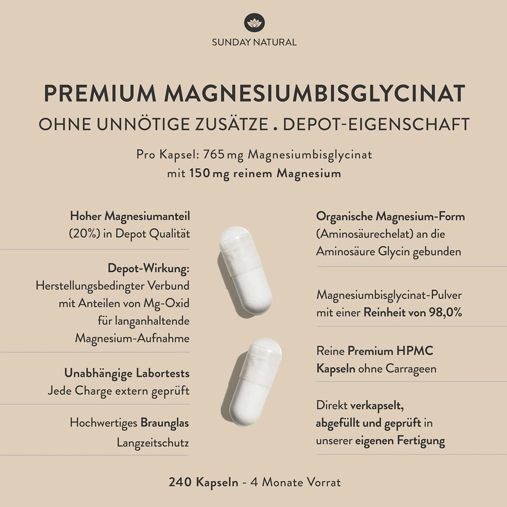 SUNDAY NATURAL® Magnesium Bisglycinat - 240 Kapseln - 300Mg Reines Magnesium Pro Tagesdosis - Depot Magnesiumglycinat Als Organisches Aminosäurechelat - Laborgeprüft, Vegan