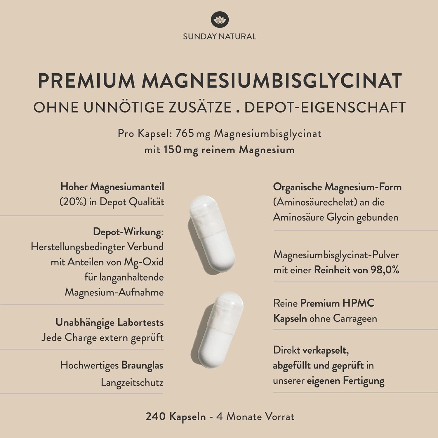 SUNDAY NATURAL® Magnesium Bisglycinat - 240 Kapseln - 300Mg Reines Magnesium Pro Tagesdosis - Depot Magnesiumglycinat Als Organisches Aminosäurechelat - Laborgeprüft, Vegan