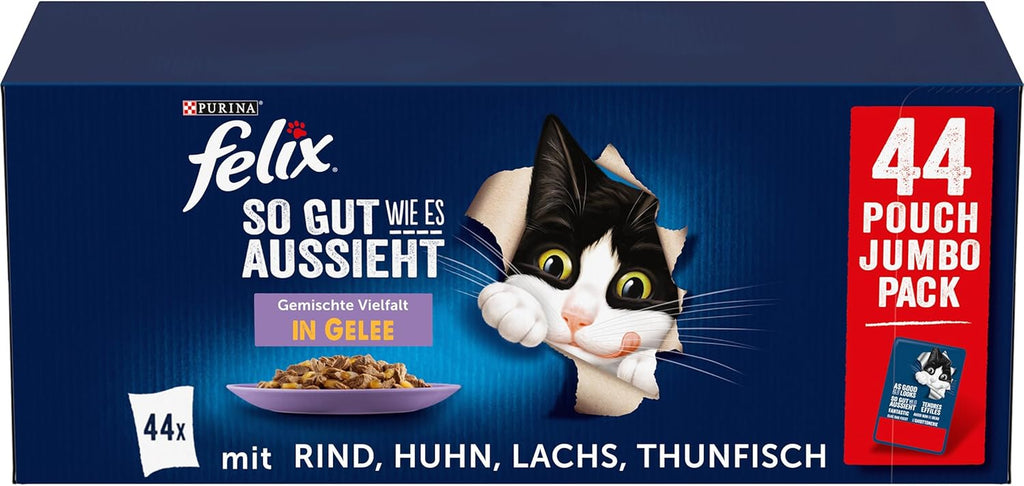 FELIX so Gut Wie Es Aussieht Nassfutter Für Katzen Geschmacksvielfalt Vom Land Vorteilspack, 44 Praktische Portionsbeutel, Zarte Stückchen in Gelee, 4 Leckere Sorten, 100% Vollständige Ernährung