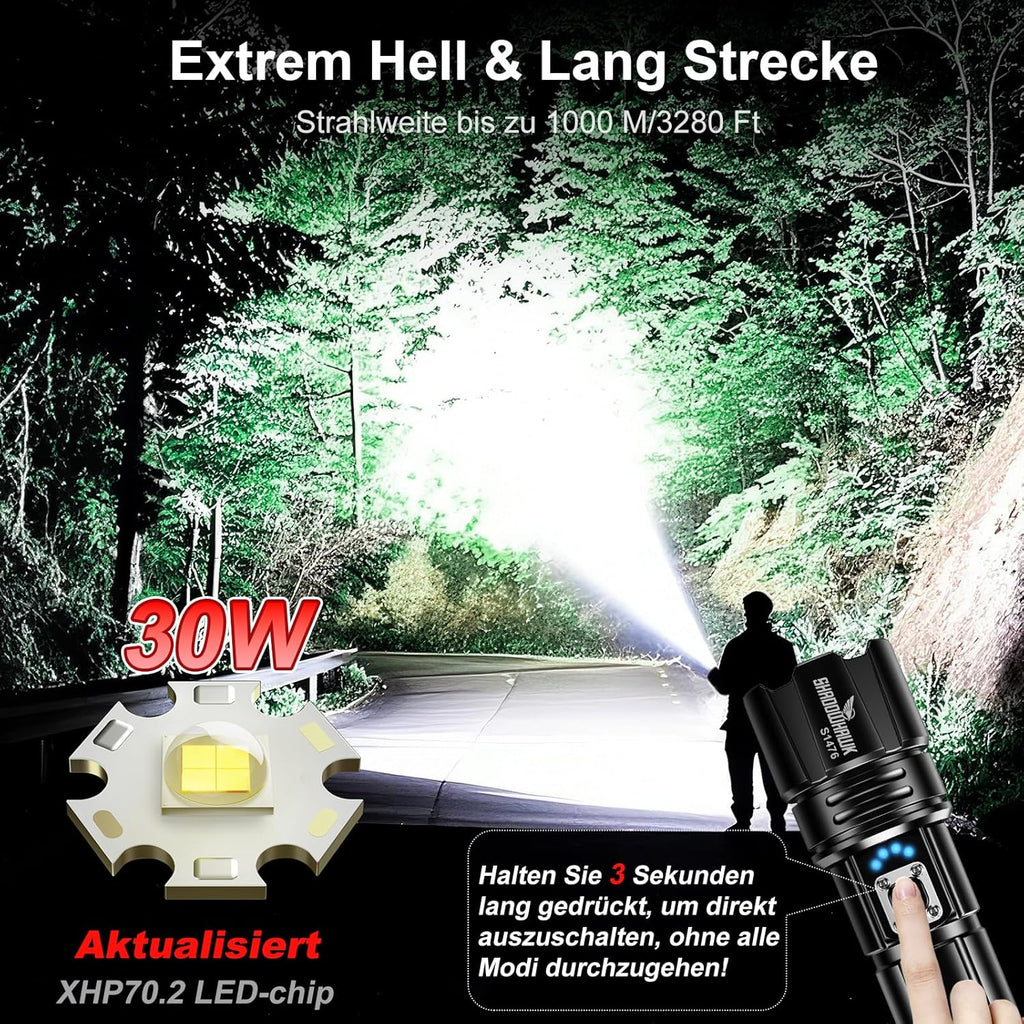 Shadowhawk Taschenlampe Led 500,000 Lumen, Extrem Hell Taschenlampe USB Aufladbar Taktische Taschenlampen Mit Holster XHP70.2, IP67 Wasserdicht 5 Lichtmodi Für Camping Wandern Notfälle