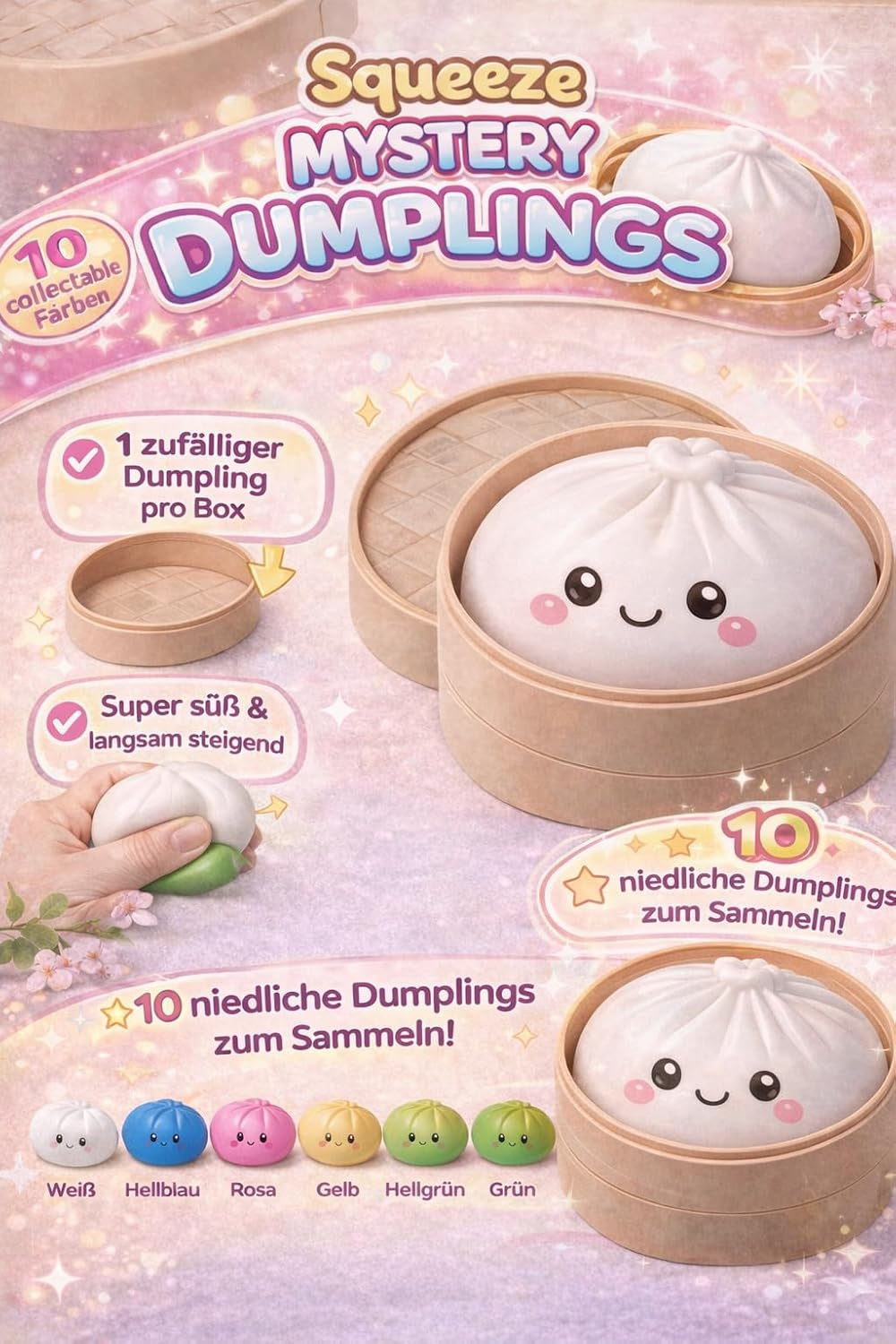 XXL Mystery Dumpling Squishy Buns 1Er, 3Er, 4Er Set – Glitter & Matt & Glow Überraschungsfarbe – 9,5Cm Squeeze Toy Mit Steamer Box – anti Stress Ball Knetball Baozi Mochi