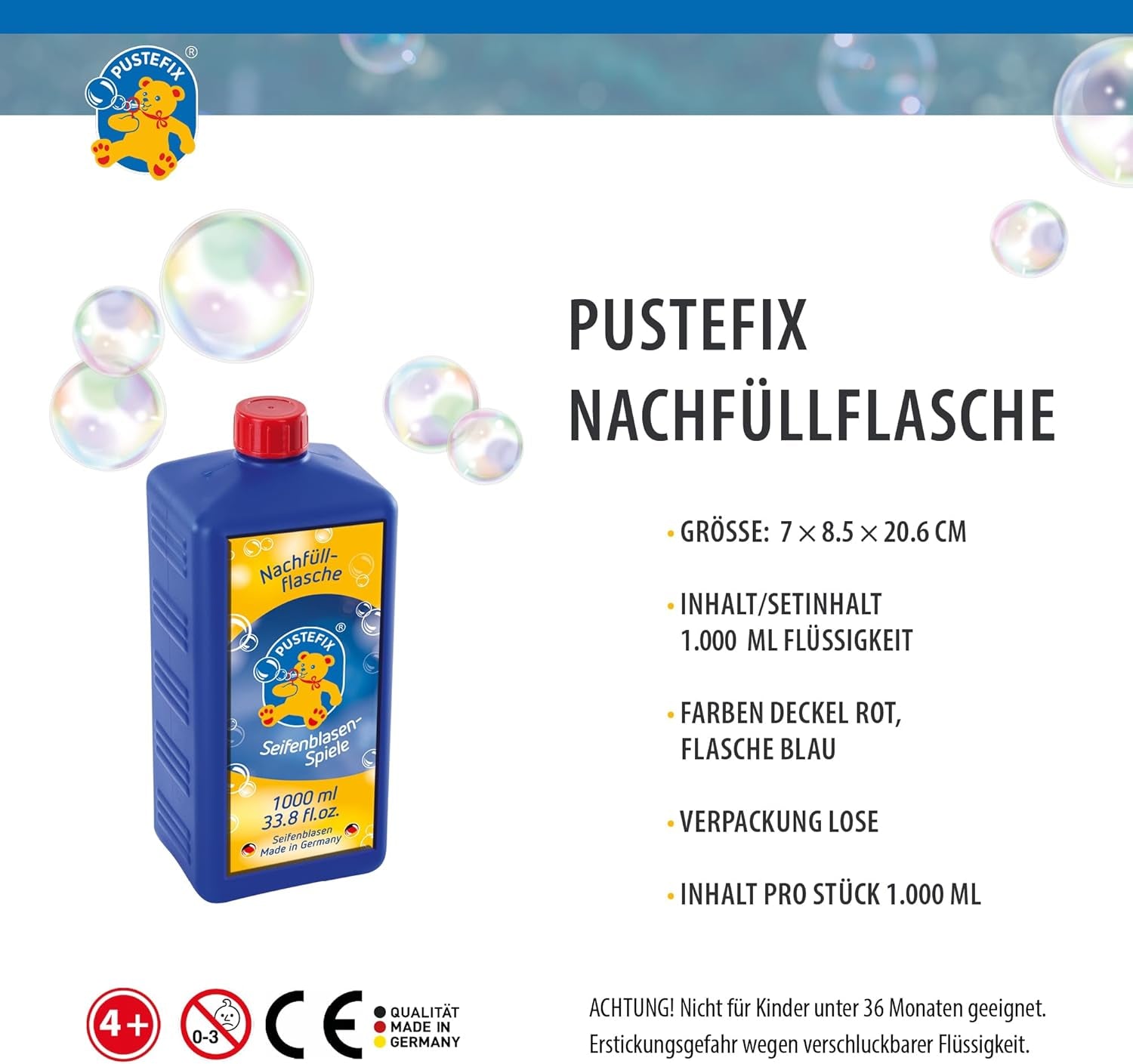 PUSTEFIX - 420869725 Seifenblasen Nachfüllflasche Maxi 1L I Seifenblasenflüssigkeit Für Bunte Blasen I I Extra Flüssigkeit Für Mehr Bubble Spaß I Für Kinder & Erwachsene Auf Geburtstag, Hochzeit