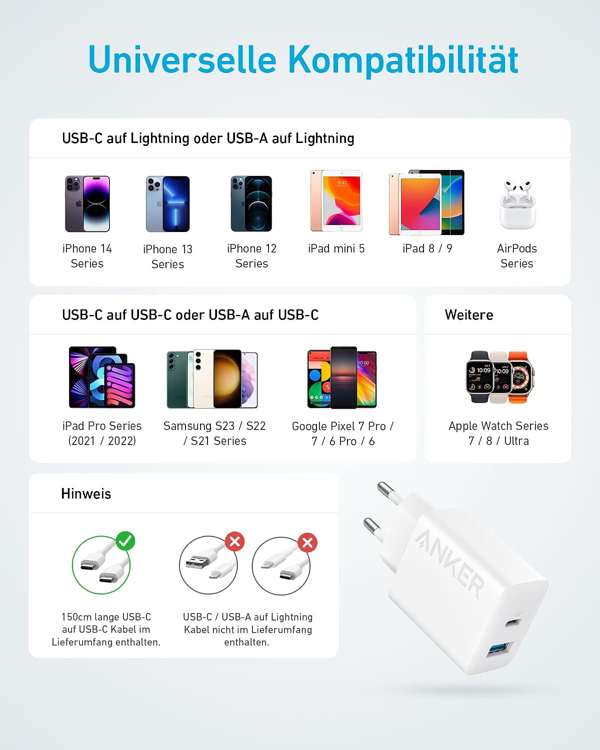 Anker 20W USB C Ladegerät, Ipad Netzteil, Usb-Schnellladenetzteil, Ipad Ladegerät, Kompatibel Mit Iphone 17/16/15 Series (Mit 150Cm USB-C Kabel)