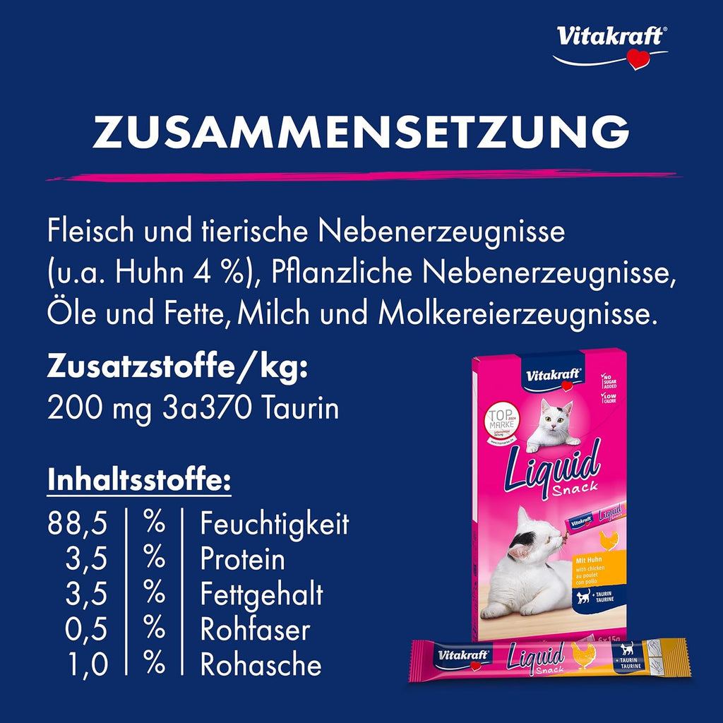 Vitakraft Liquid Snack, Katzen Leckerli, Katzensnack Cremig, Mit Huhn Und Taurin, in Einzelnen Sachets, Unterstützt Die Augen Und Das Herz (1 Paket Mit 6X 15G)