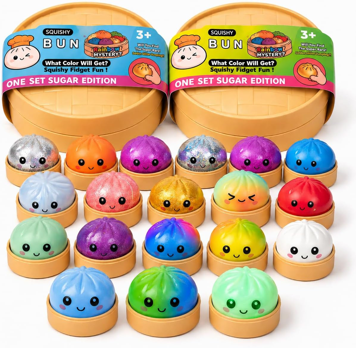 XXL Mystery Dumpling Squishy Buns 1Er, 3Er, 4Er Set – Glitter & Matt & Glow Überraschungsfarbe – 9,5Cm Squeeze Toy Mit Steamer Box – anti Stress Ball Knetball Baozi Mochi