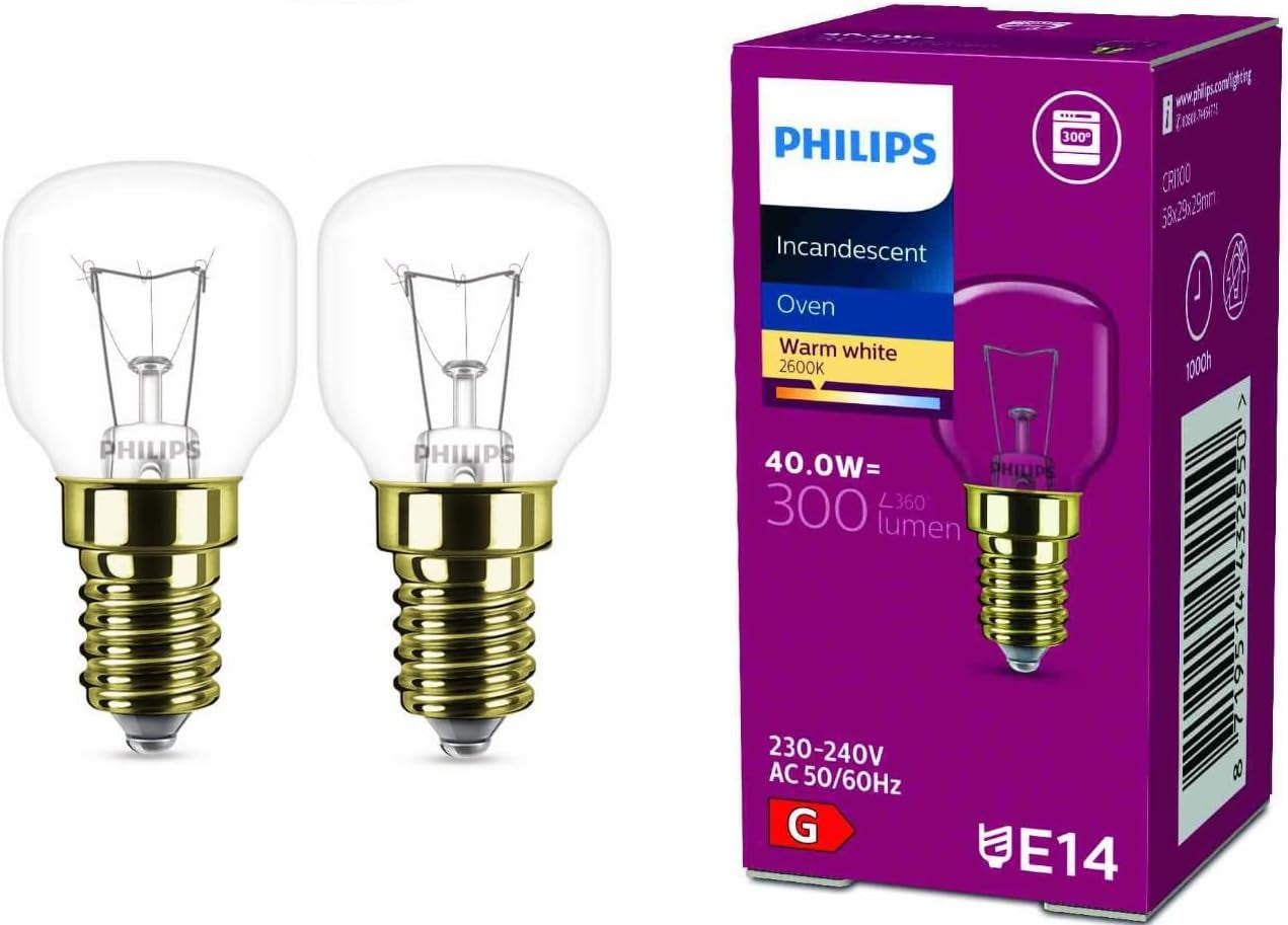 2X Philips Backofenlampe E14 40W Tropfenform 29Mm Durchmesser, Temperaturfest Bis 300°C (2 Stück)
