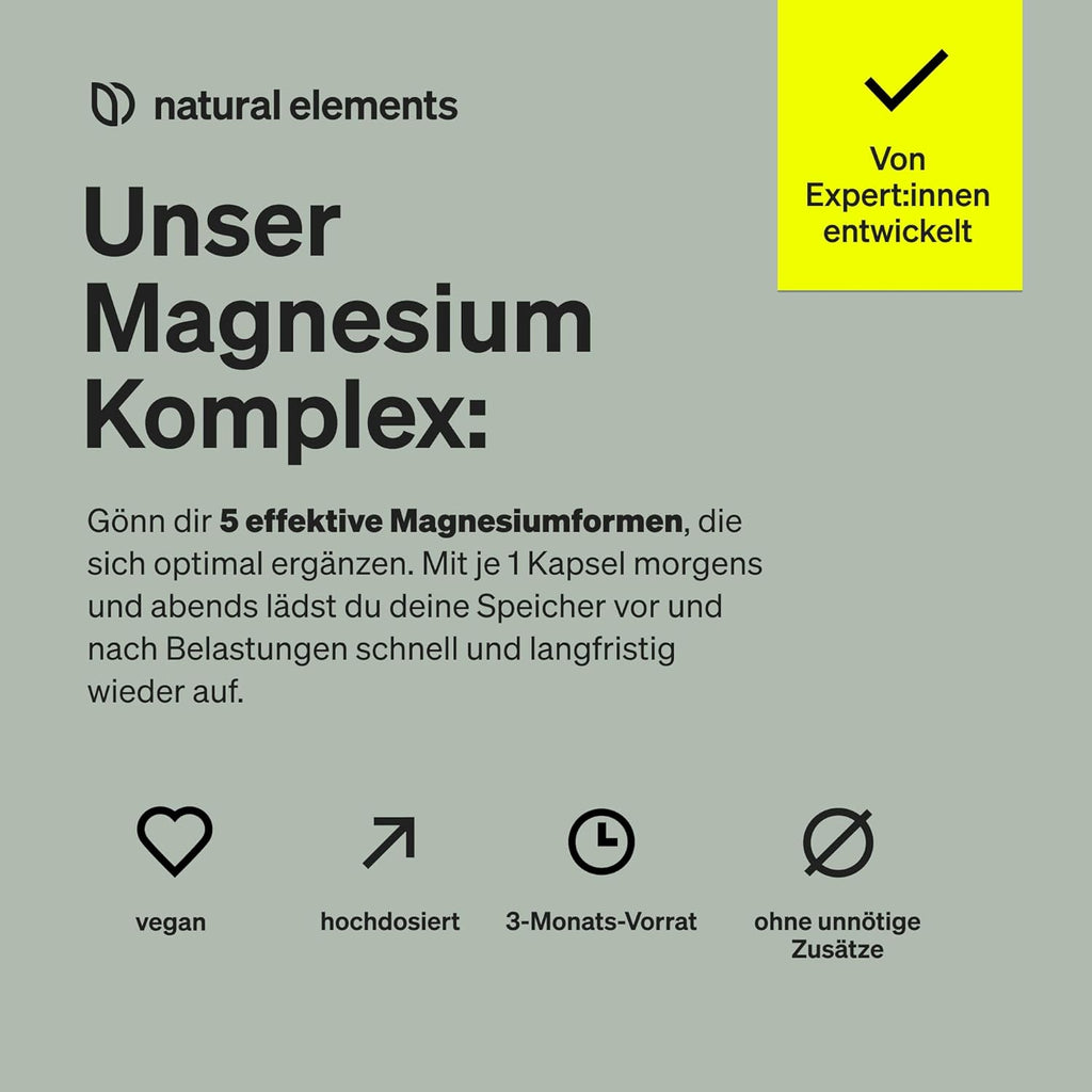 Natural Elements Magnesium Komplex - Premium: Aus 5 Hochwertigen Verbindungen - 400Mg Elementares Magnesium Pro Tagesdosis - Laborgeprüft, Vegan, Hochdosiert
