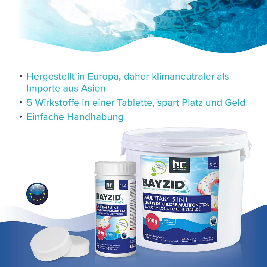 BAYZID Chlor Multitabs 5 in 1-200G Chlortabletten Für Pool - 5Kg - 5-Phasen Pflege & Reinigung - Made in Europe - Für Kristallklares Poolwasser