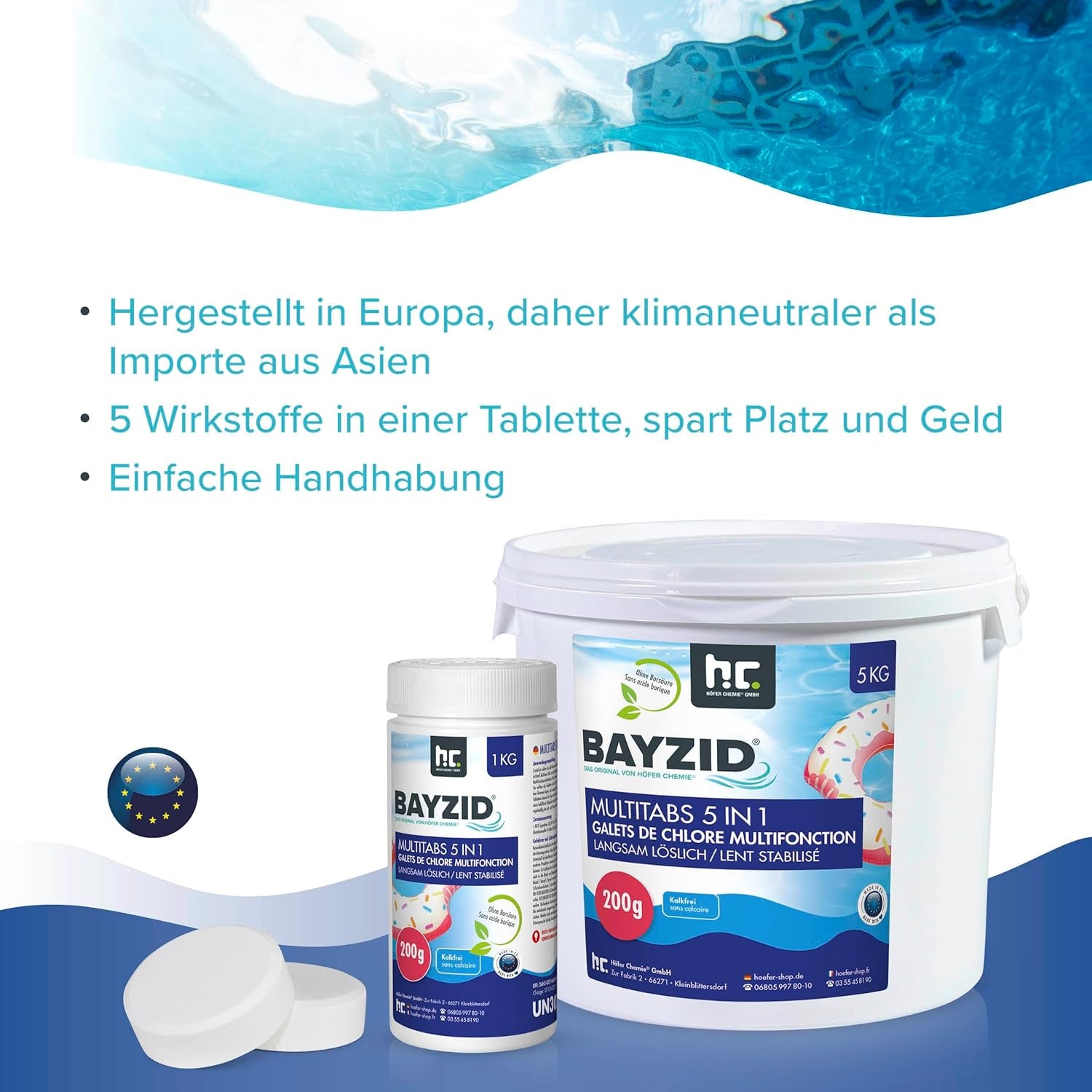 BAYZID Chlor Multitabs 5 in 1-200G Chlortabletten Für Pool - 5Kg - 5-Phasen Pflege & Reinigung - Made in Europe - Für Kristallklares Poolwasser
