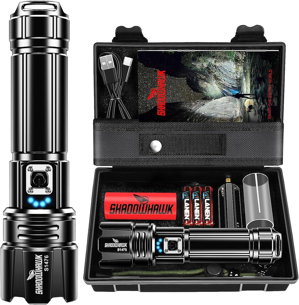 Shadowhawk Taschenlampe Led 500,000 Lumen, Extrem Hell Taschenlampe USB Aufladbar Taktische Taschenlampen Mit Holster XHP70.2, IP67 Wasserdicht 5 Lichtmodi Für Camping Wandern Notfälle