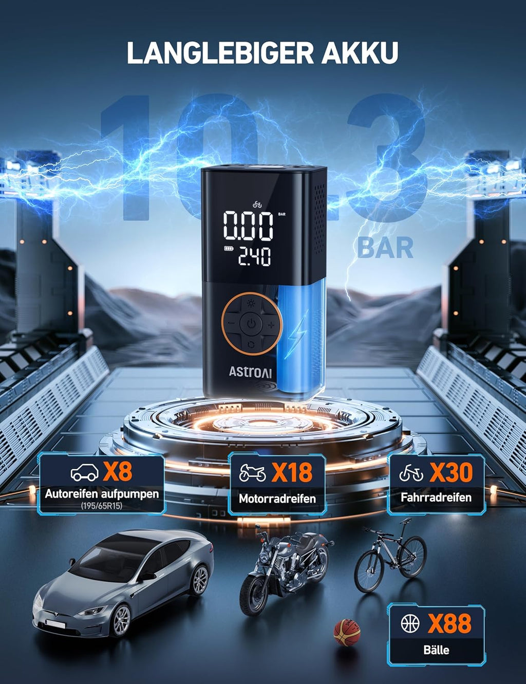 Astroai Kabellose Elektrische Luftpumpe, Tragbare Akku Fahrradpumpe Mit Alle Ventile, Led-Licht, Wiederaufladbare Reifenpumpe Für Fahrrad, E-Bike, Auto, Motorrad, Bälle, Schwarz | Mit Alle Ventile Led-Licht, Wiederaufladbare Reifenpumpe Für Fahrrad, E-Bik