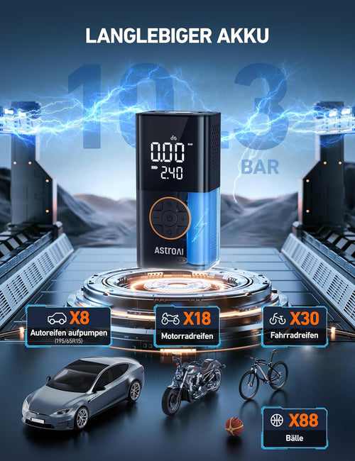 Astroai Kabellose Elektrische Luftpumpe, Tragbare Akku Fahrradpumpe Mit Alle Ventile, Led-Licht, Wiederaufladbare Reifenpumpe Für Fahrrad, E-Bike, Auto, Motorrad, Bälle, Schwarz | Mit Alle Ventile Led-Licht, Wiederaufladbare Reifenpumpe Für Fahrrad, E-Bik