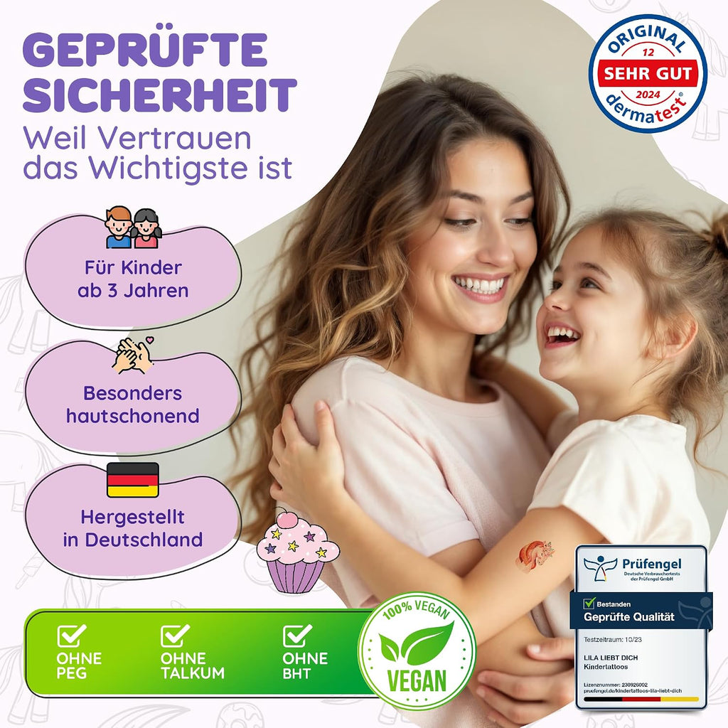 Lila Liebt Dich® 100 Fantastische Einhorn-Tattoos Kinder (6 Unterschiedliche Bögen) - Temporäre Tattoos// Kindertattoos Hautfreundlich & Dermatologisch Getestet // Kinder Tattoo Made in Germany