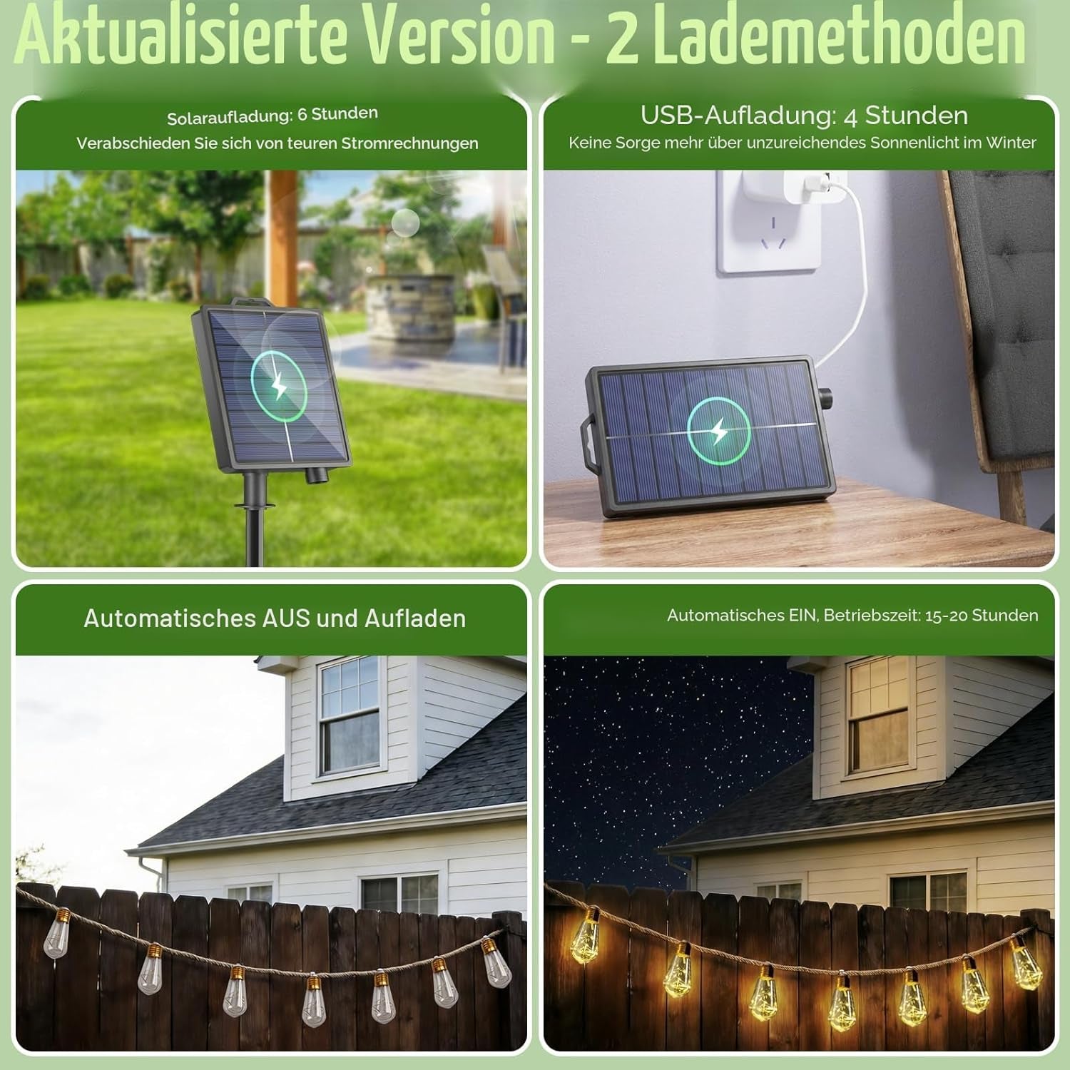 Solar Lichterkette Aussen Mit 16 S17 Glühbirnen, 10M Lichterkette Außen Wetterfest Warmweiß 8 Modi Memory-Funktion Timer Vintage Hanfseil Solarlichterketten Für Garten Terasse Balkon Hochzeit Party