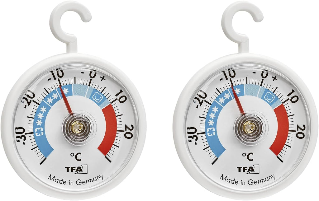 TFA Dostmann 2Er Set Analoge Kühlthermometer Mit Haken, 95.1036, Handlich, Mit Kühlzonen, Für Kühlschrank, Gefrierschrank Und Kühlhaus Zur Temperaturkontrolle, Bis -40°C, Weiß