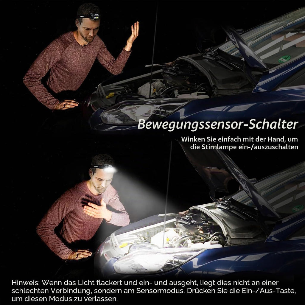 Blukar LED Stirnlampe Wiederaufladbar, Superhell 2000L Stufenlos Dimmbar Kopflampe Mit 8 Lichtmodi, Sensor Und Rotlicht, Leichtgewichtig Wasserdichte Mini Stirnleuchte Für Campen, Angeln Usw.