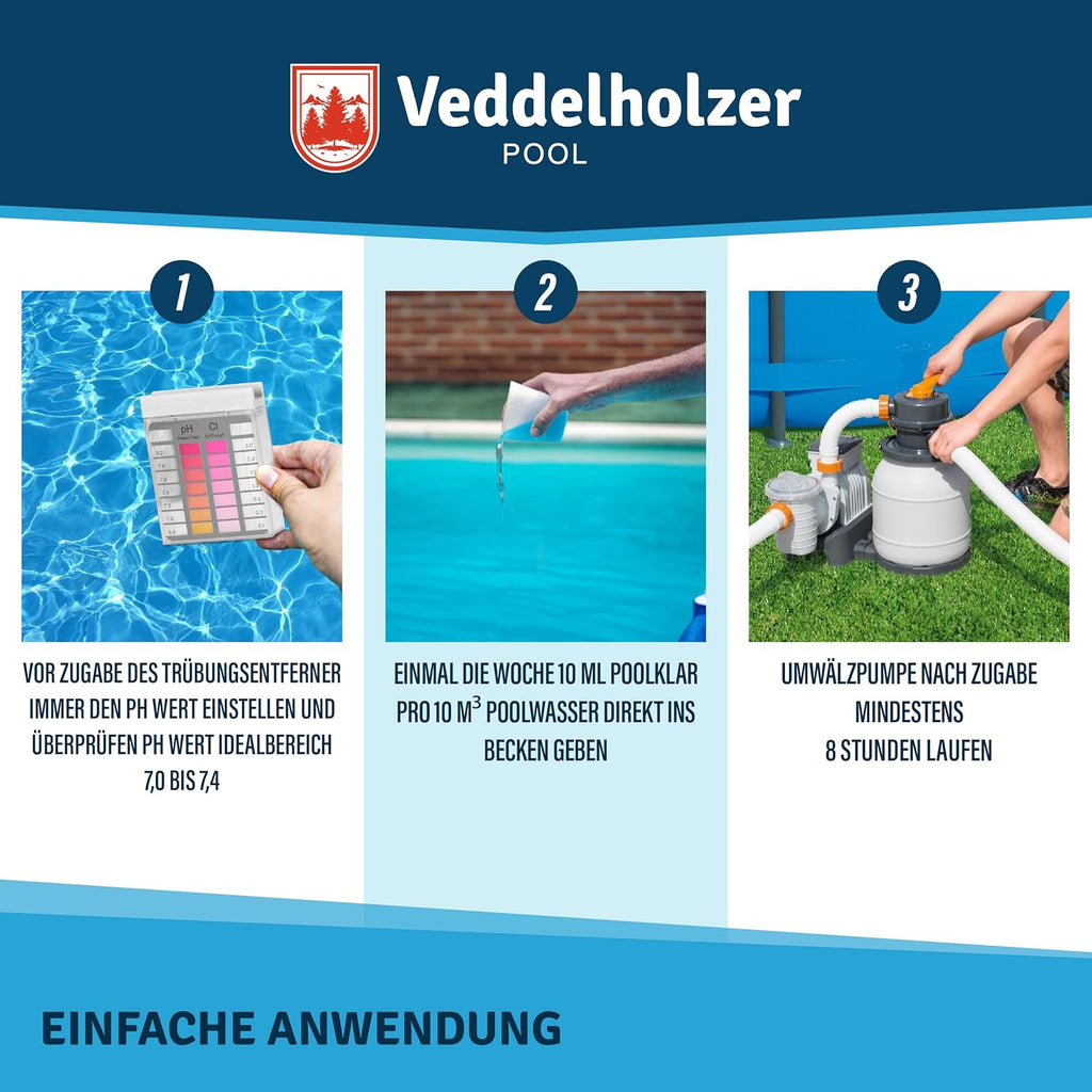 Veddelholzer Poolklar 0,5 L – Für Kristallklares Wasser in Pool, Whirlpool, Planschbecken. Wirksam Gegen Trübes Wasser, Geeignet Für Alle Filterarten Und Systeme