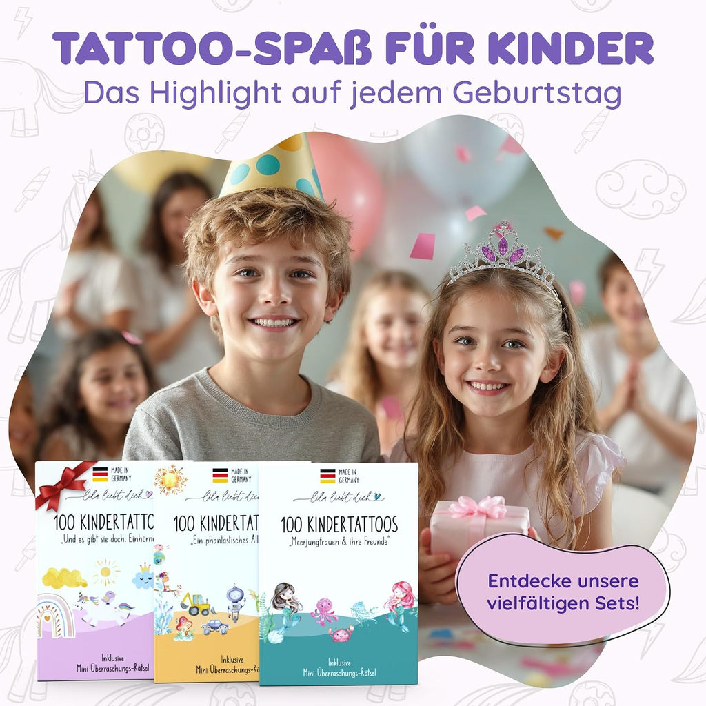 Lila Liebt Dich® 100 Fantastische Einhorn-Tattoos Kinder (6 Unterschiedliche Bögen) - Temporäre Tattoos// Kindertattoos Hautfreundlich & Dermatologisch Getestet // Kinder Tattoo Made in Germany