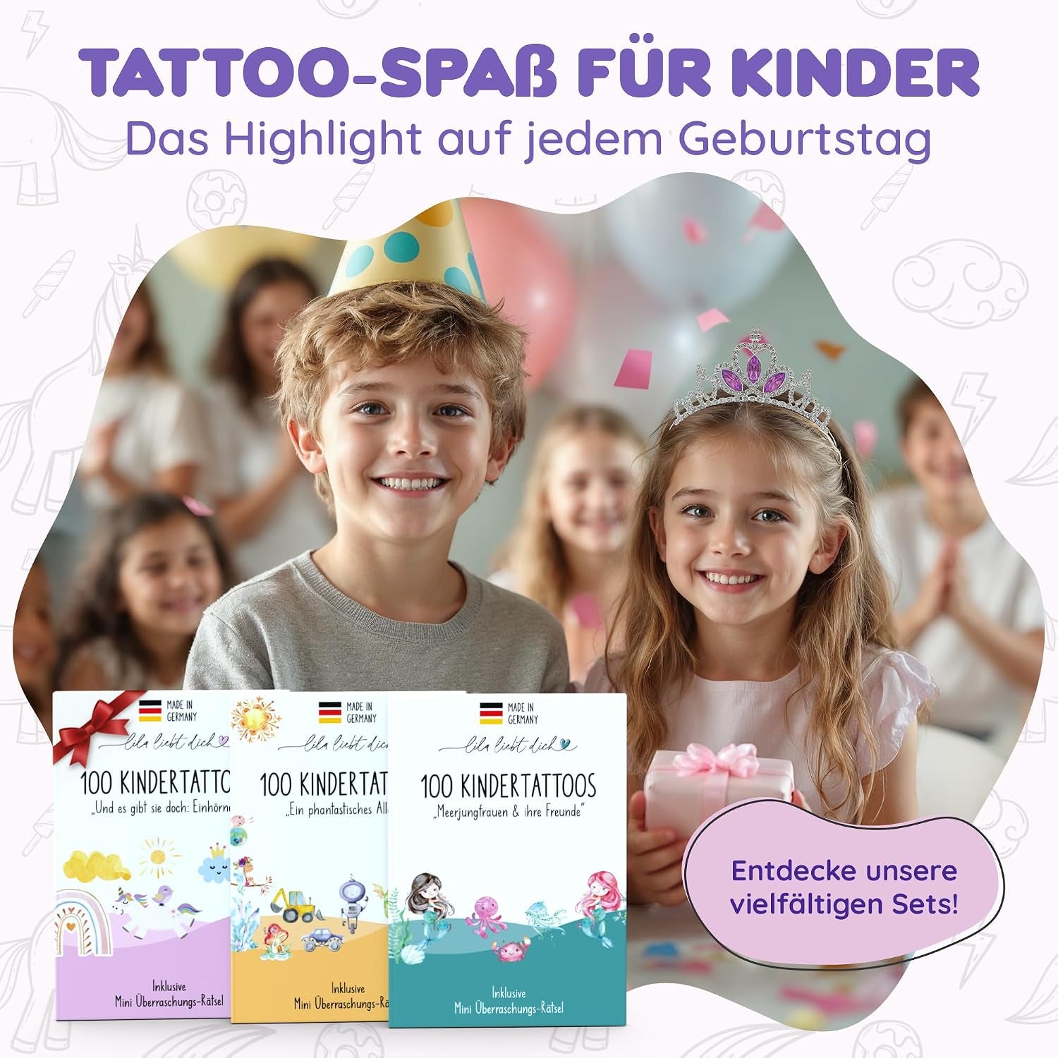 Lila Liebt Dich® 100 Fantastische Einhorn-Tattoos Kinder (6 Unterschiedliche Bögen) - Temporäre Tattoos// Kindertattoos Hautfreundlich & Dermatologisch Getestet // Kinder Tattoo Made in Germany