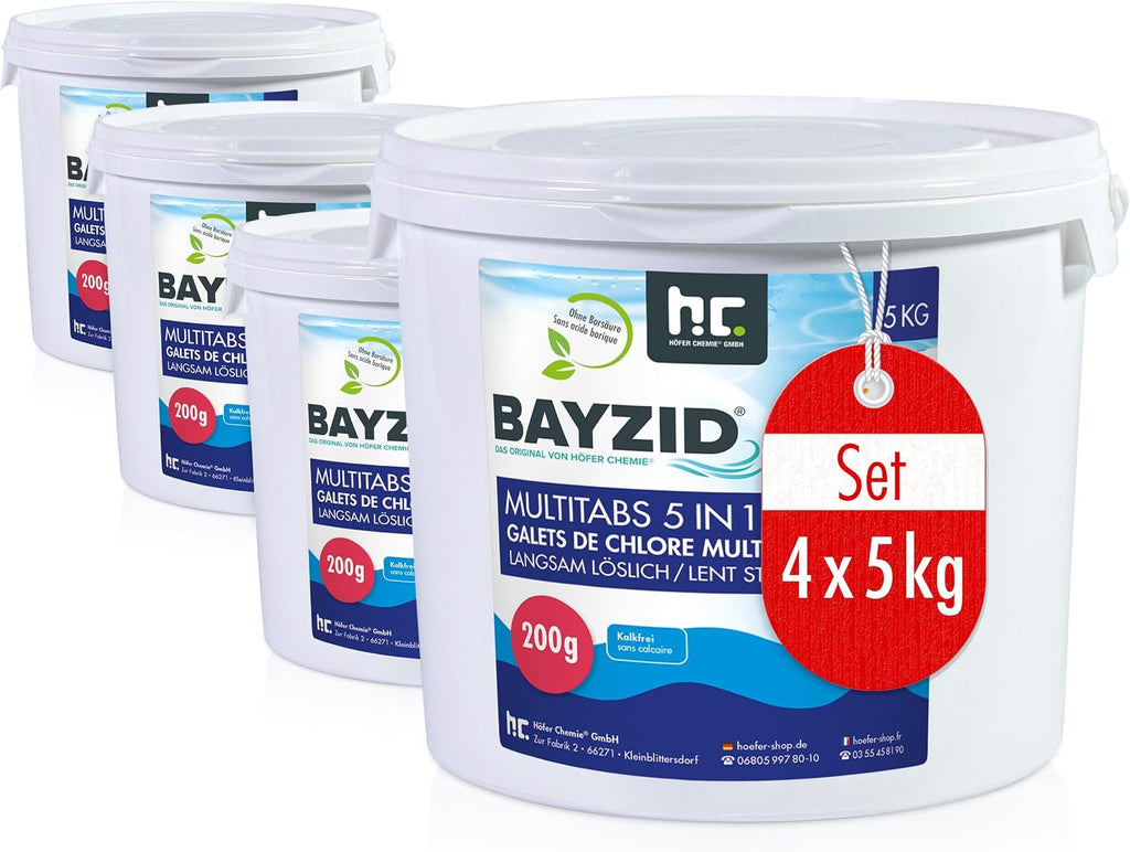 BAYZID Chlor Multitabs 5 in 1-200G Chlortabletten Für Pool - 5Kg - 5-Phasen Pflege & Reinigung - Made in Europe - Für Kristallklares Poolwasser
