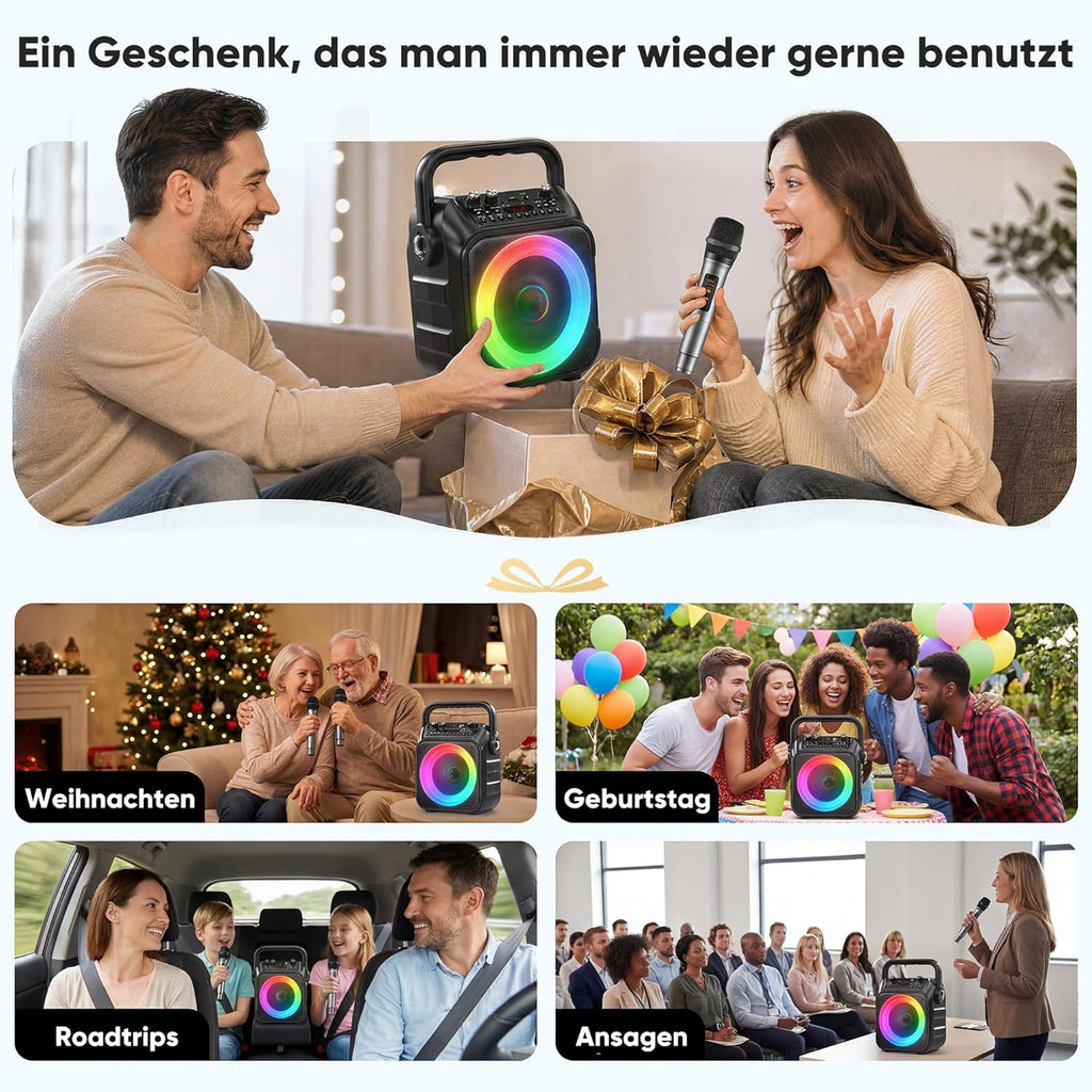 Karaoke Maschine Mit 2 Kabellosen Mikrofonen, [Neueste] Karaoke Anlage Für Erwachsene Und Kinder, Tragbare Karaoke Box Bluetooth Lautsprecher, Tv-Kompatibel, PA Lautsprecher Für Party Und Geburtstag