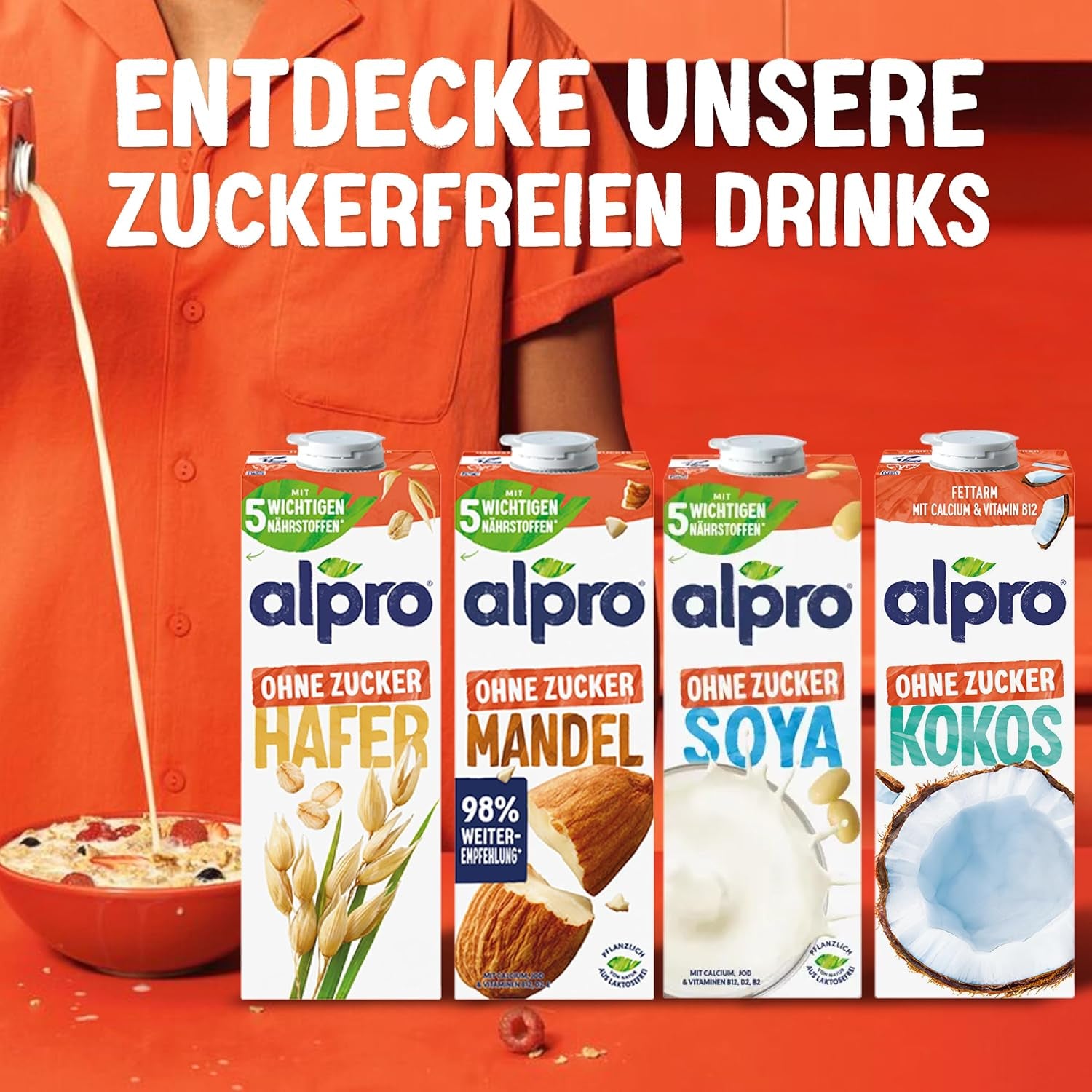 Alpro Mandeldrink Ohne Zucker – Quelle Von Calcium Und Vitaminen – Zuckerfrei, Glutenfrei, Fettarm, Ohne Laktose, Vegan Und Milchfrei – 8 X 1 L – Haltbar