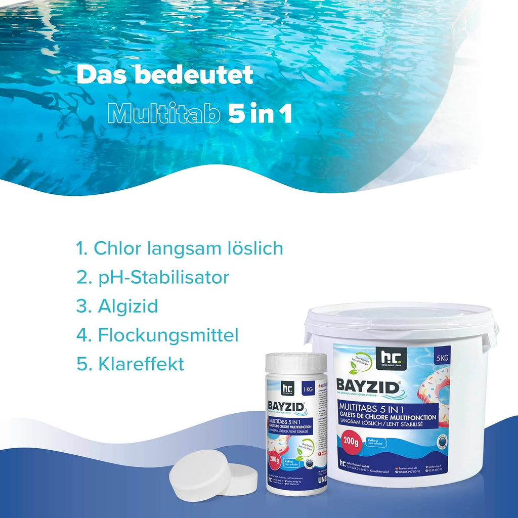 BAYZID Chlor Multitabs 5 in 1-200G Chlortabletten Für Pool - 5Kg - 5-Phasen Pflege & Reinigung - Made in Europe - Für Kristallklares Poolwasser