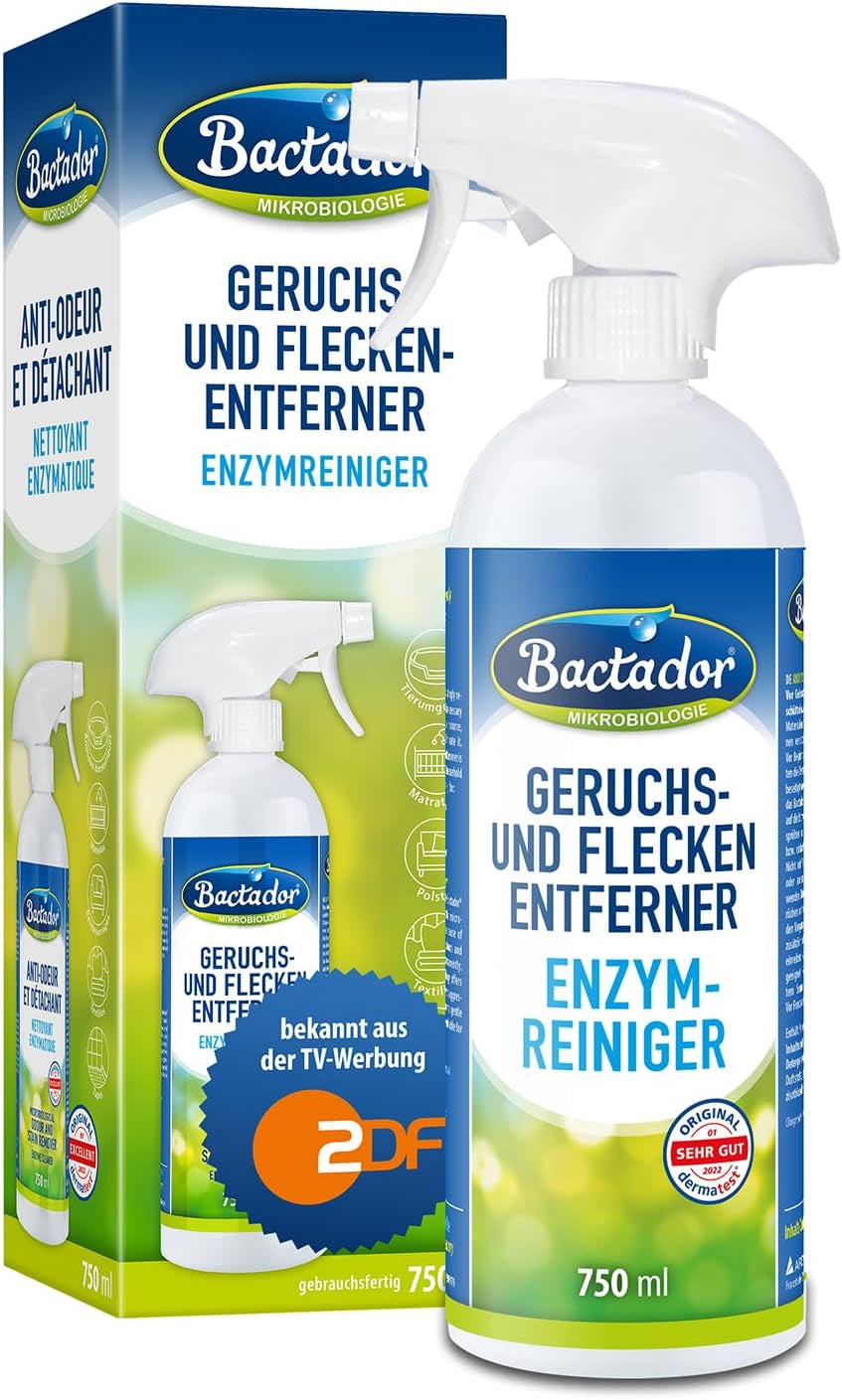 Bactador Enzymreiniger Spray 750Ml - Geruchsentferner & Fleckenentferner, Hundeurin & Katzenurin Entferner, Mikrobiologischer Geruchsneutralisierer, Polsterreiniger, Porentiefe Reinigung