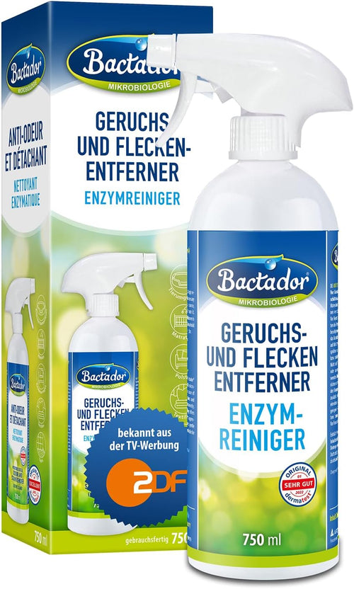 Bactador Enzymreiniger Spray 750Ml - Geruchsentferner & Fleckenentferner, Hundeurin & Katzenurin Entferner, Mikrobiologischer Geruchsneutralisierer, Polsterreiniger, Porentiefe Reinigung