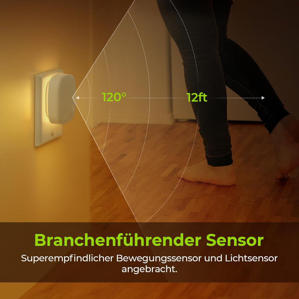 AUVON Nachtlicht Steckdose Mit Bewegungssensor Und Dämmerungssensor, 2 Stück Warmweißes LED Hinterleuchtete Nachtlicht Mit 1-50 Lm, Helligkeit Einstellbar Für Flur, Treppe, Schlafzimmer