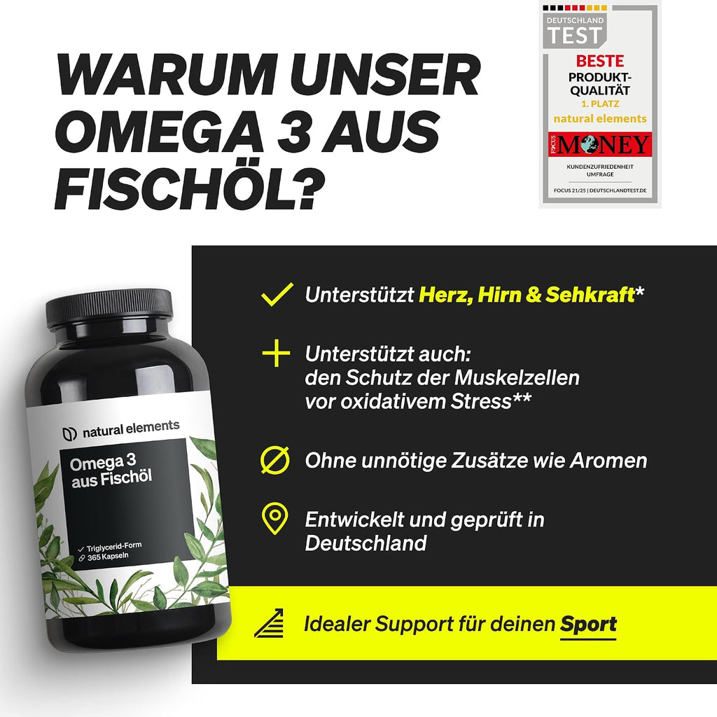 Natural Elements Omega 3 – 365 Kapseln – 2000Mg Fischöl Pro Tagesdosis – Mit EPA Und DHA in Triglycerid-Form – Laborgeprüft Und Aufwendig Aufgereinigt