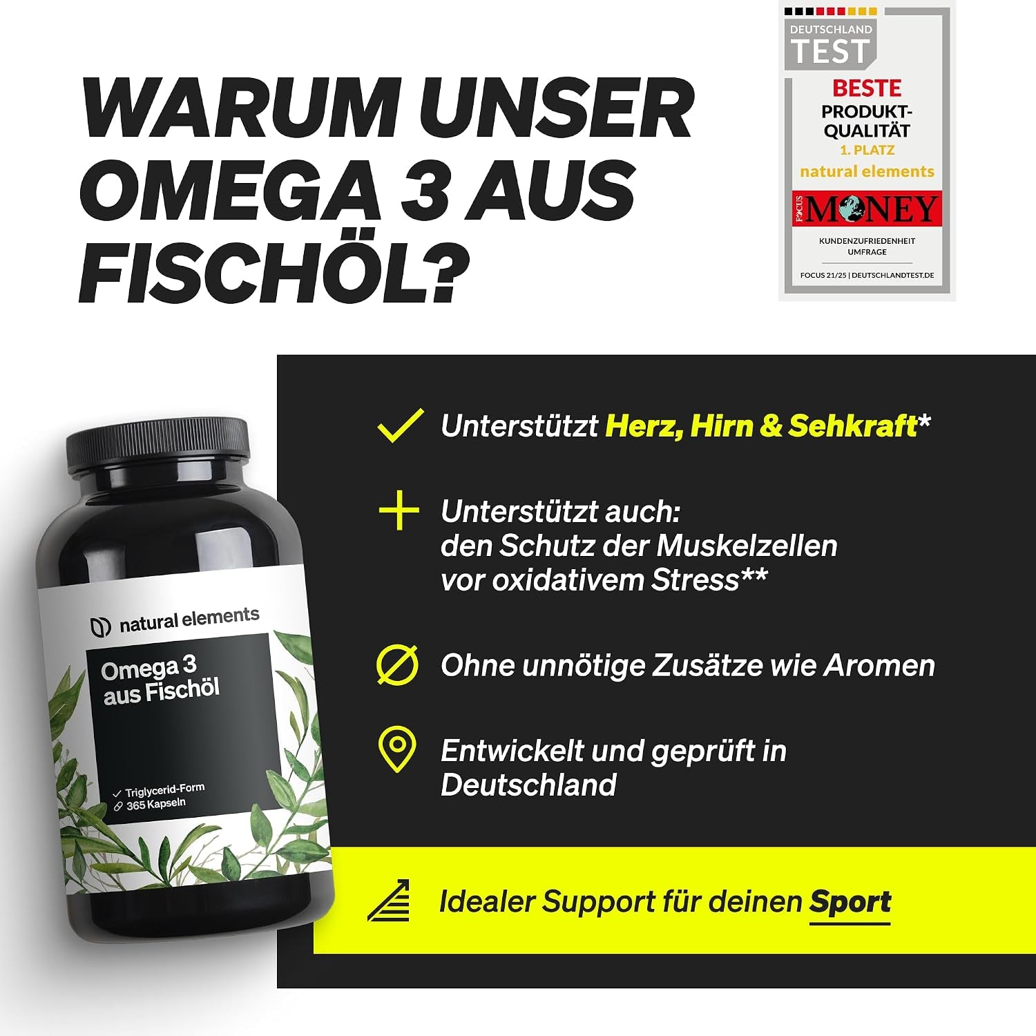 Natural Elements Omega 3 – 365 Kapseln – 2000Mg Fischöl Pro Tagesdosis – Mit EPA Und DHA in Triglycerid-Form – Laborgeprüft Und Aufwendig Aufgereinigt
