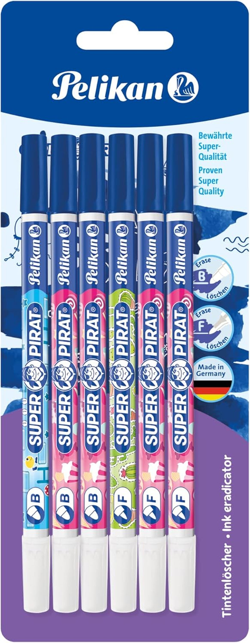 Pelikan Tintenlöscher Super Pirat, Strichstärke B (Breit) Tintenkiller Zum Löschen Und Überschreiben, 6 Stück